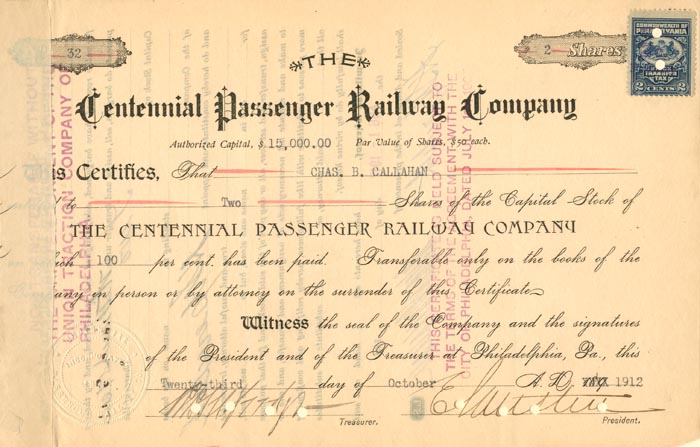 Centennial Passenger Railway Co. - Stock Certificate